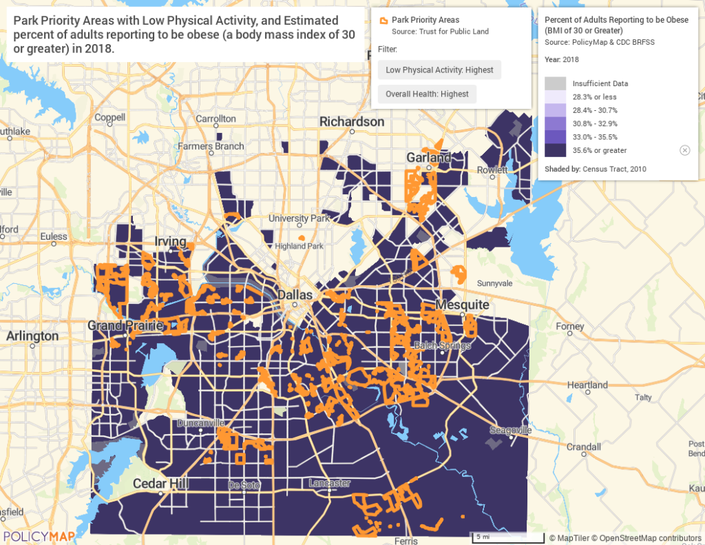 high rates of obesity and areas in need of parks filtered by low physical activity and low overall health